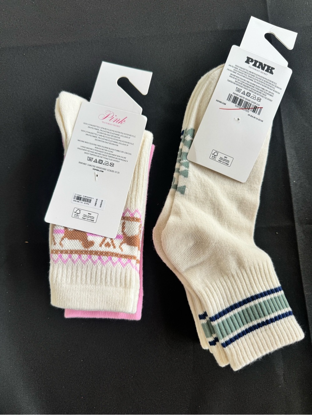 Victoria's Secret PINK Cream Crew Socks Duo with Navy, Green and Pink Accents